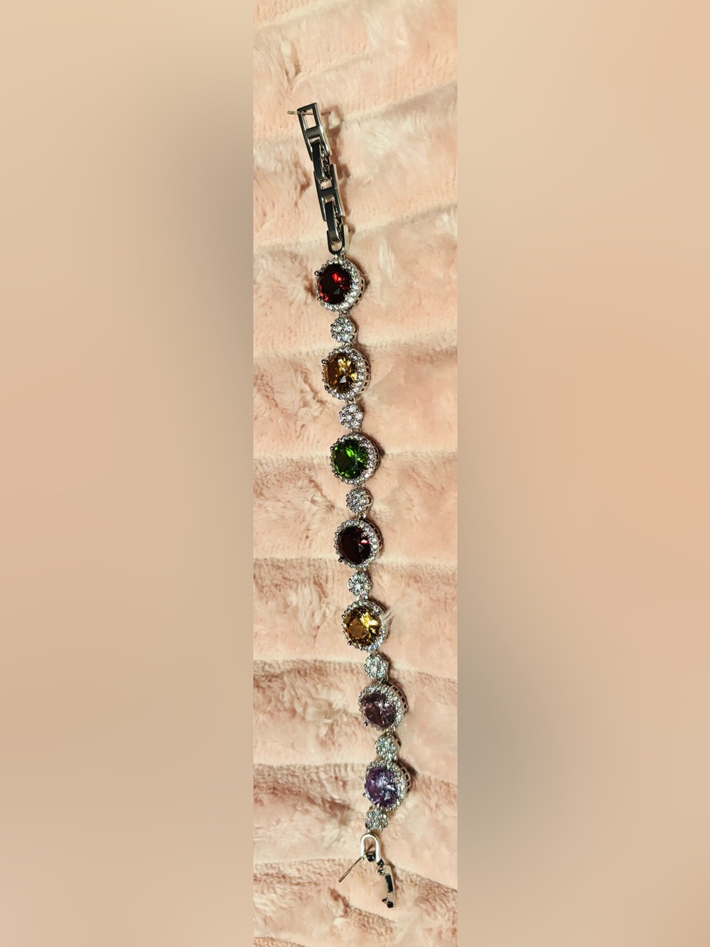 Women's Multi-Gemstone Halo Link Bracelet — Green, Red & Amber Stones